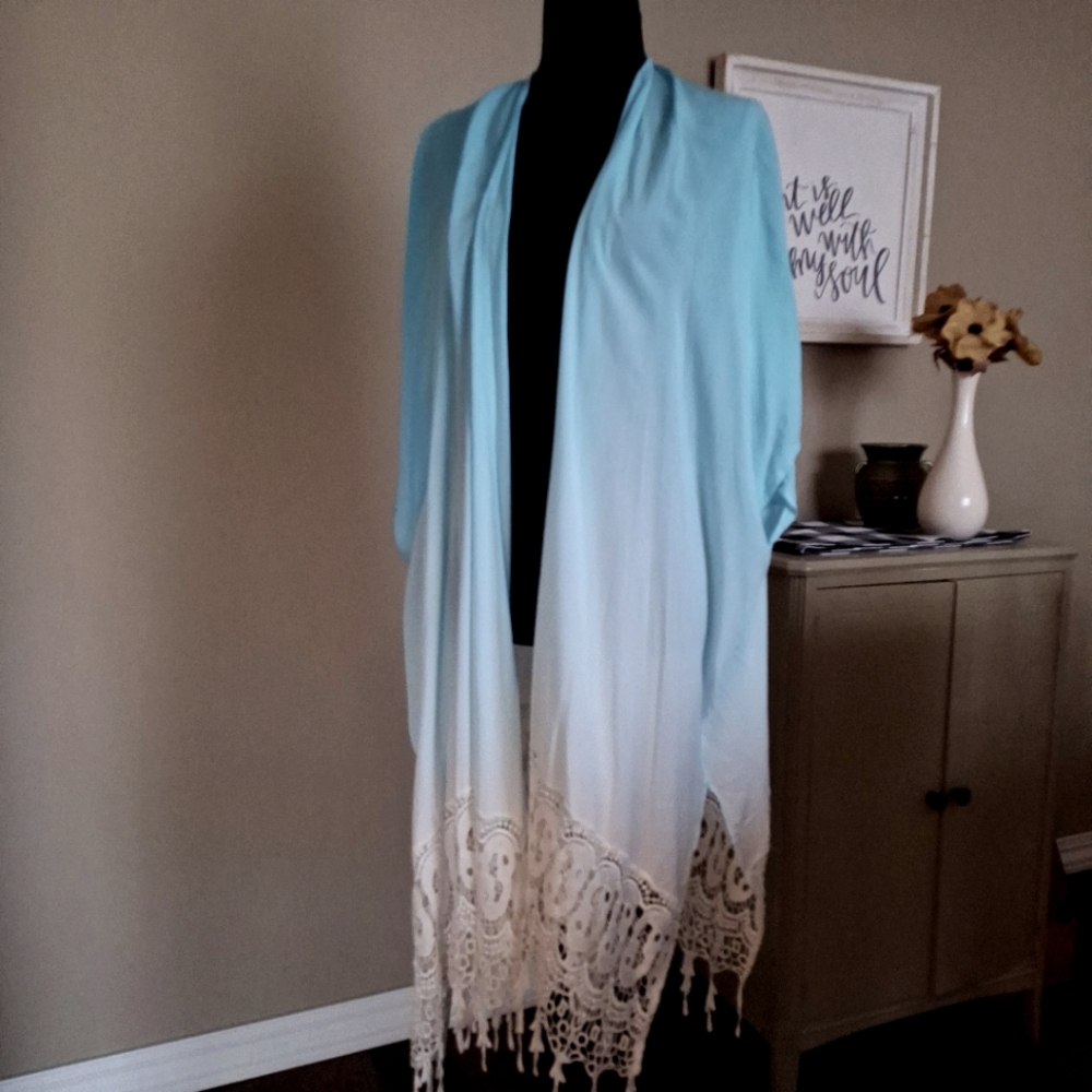 Chico's Coastal Boho vibes Teal White Women's Flowy Kimono Cover Up L/XL - Picture 7 of 16